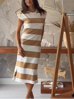2025 été décontracté plage robe mi-longue en gros 100% coton ajusté coupe droite cou rayé motif taille naturelle