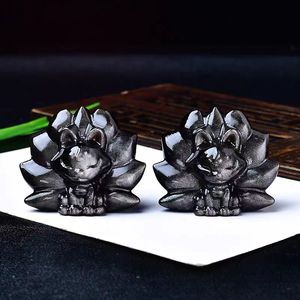 天然風水シルバー黒曜石刻まれた9尾キツネ置物ホームデコレーションオーナメント - Product Image 2