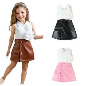 Ensembles deux pièces pour filles d'été, chemise sans manches à fleurs, short à boutons en <span class=keywords><strong>cuir</strong></span>, vêtements pour enfants de haute qualité - Product Image 5