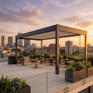Pergola murale en aluminium haut de gamme avec lames orientables et enclos en verre pour café-musée - Product Image 1