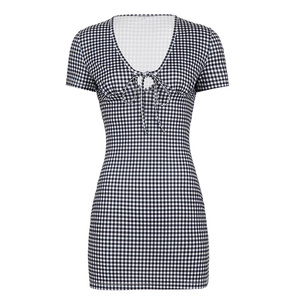 Robe de bureau à col en V et ceinture à nouer, motif écossais – Coupe ajustée trapèze style preppy pour femme - Product Image 6