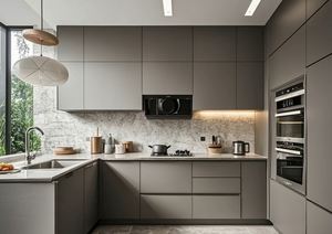 Armoires de cuisine modulaires de luxe sur mesure en MDF gris pour les constructions d'appartements standard - Product Image 3