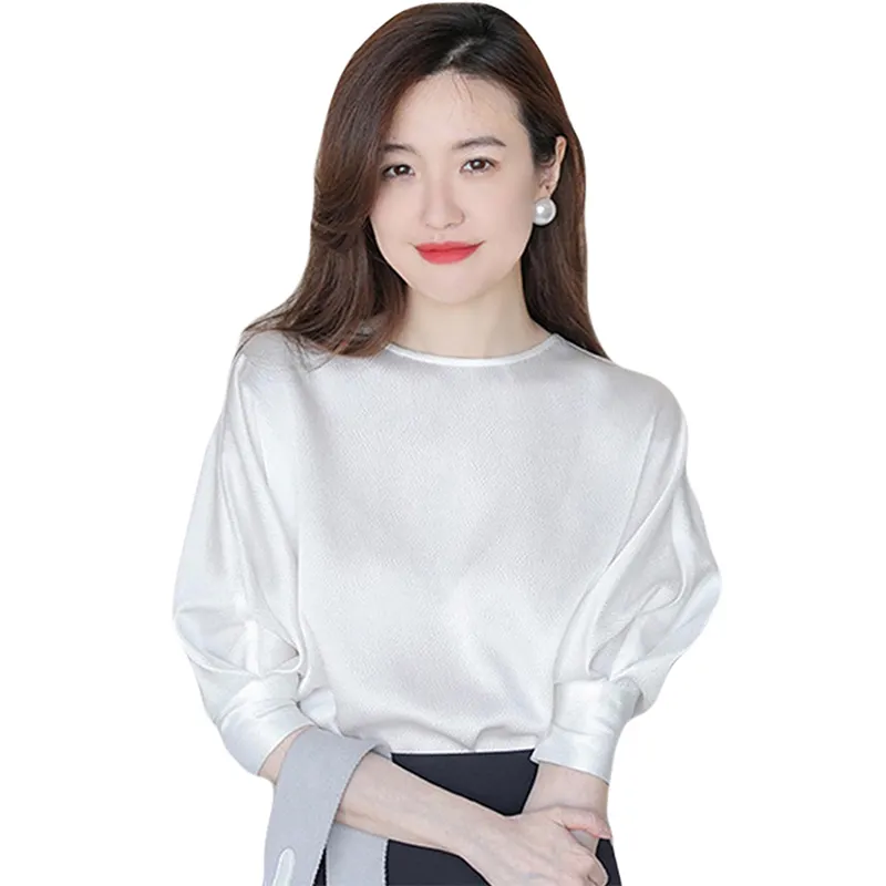 Elegant Leisure Blouse Classic Round Neck Puff Sleeves Top Casual Satin Women's Shirts