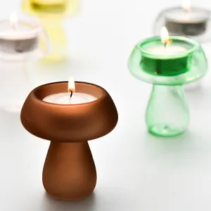 Handmade Brown Bonito Vidro Pequeno Cogumelo Castiçais Minúsculo Vidro Tealight Terrário Jar para Decoração De Mesa