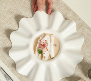 Wave Edge White Porcelain Plate, Unique Flower Shaped Ceramic Serving Plate for Appetizers, <b>Desserts</b> Artistic Food Presentation - Product Image 5