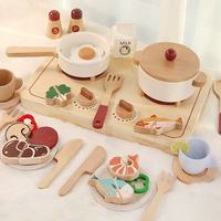 Jouet de cuisinière à gaz en bois avec lumière et son de flamme simulées, ensemble d'ustensiles de cuisine pour fruits de mer, jeux de simulation de cuisine pour enfants