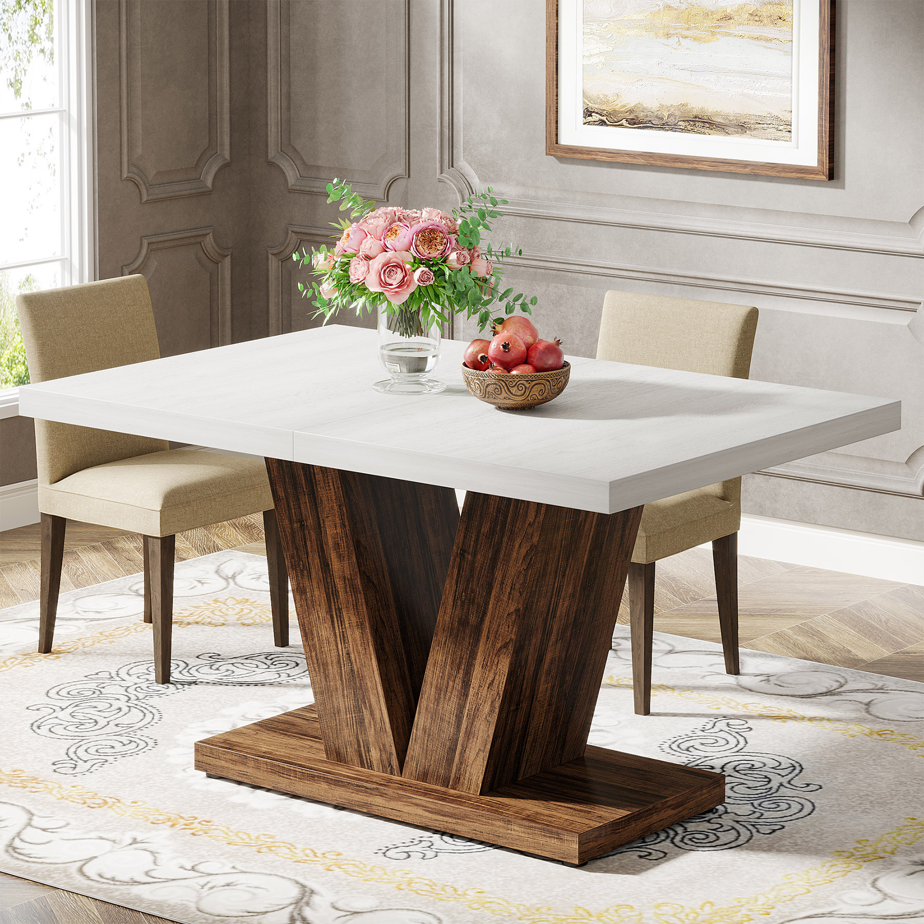 47-Inch White Dining Table for 4 – Farmhouse Wooden Kitchen Table with Heavy-Duty Pedestal Base for Dining Room & Home