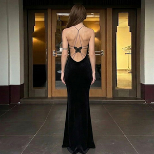 solid color hollow out backless bow tie mermaid long dress slim fit bodycon <b>spaghetti</b> <b>strap</b> dress elegant banquet style - Product Image 3