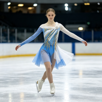 Robe de danse patinage bleue et blanche, épaules dénudées, manches longues en maille, garniture en strass dorés pour enfants et adultes, compétition et performance