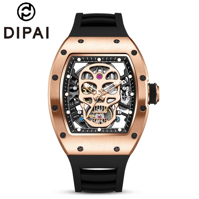 Skeleton Automatic Mechanical Watch for Men  Hollow Dial Water-Resistant Rubber Band Skull Design Accept OEM ODM Wholesale
