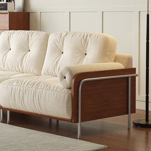Cedar fabric chenille sofa, retro cream style straight couch with removable washable covers for small living spaces - Product Image 4