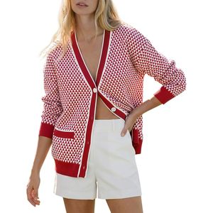 Cárdigan de punto personalizado para mujer, cuello en V, con botones, bolsillos, ribete en contraste, estilo clásico, ropa exterior. - Product Image 1