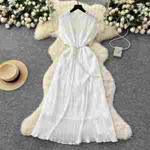 Vestido Midi Plisado Tipo Túnica Romana Tejida Sostenible de Verano 2025 para Mujer, Cintura Imperio, con Cuentas y Encaje, Transpirable - Product Image 3