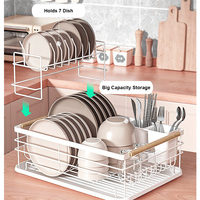 Égouttoir à vaisselle blanc thermolaqué avec poignée en bois, organisateur de vaisselle en métal pour comptoir de cuisine, rangement pour assiettes, bols et ustensiles