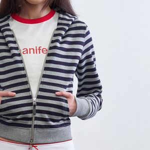 Walking "spalla <span class=keywords><strong>felpa</strong></span> a righe corte <span class=keywords><strong>con</strong></span> <span class=keywords><strong>cappuccio</strong></span> <span class=keywords><strong>con</strong></span> sfondo grigio <span class=keywords><strong>e</strong></span> strisce <span class=keywords><strong>blu</strong></span> nascoste - Product Image 6