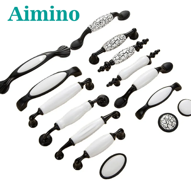 AIMINO Black And White Ceramic Pulls Crackle Kitchen Cabinet Handles and Knobs Fruit Ceramic Drawer handle