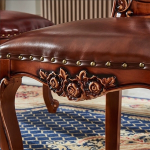 Silla <span class=keywords><strong>de</strong></span> Comedor <span class=keywords><strong>de</strong></span> Madera Maciza Tallada con Cuero - Juego <span class=keywords><strong>de</strong></span> Sillas con Reposabrazos Clásicas <span class=keywords><strong>de</strong></span> Lujo Europeo, Muebles <span class=keywords><strong>de</strong></span> Comedor para Uso Comercial - Product Image 4