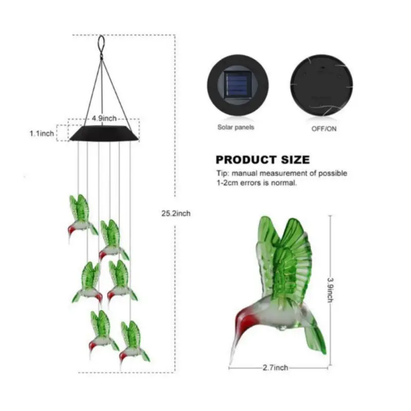 태양 바람 차임 빛 야외 방수 LED 다채로운 색상 변경 벌새 나비 매달려 태양 정원 빛