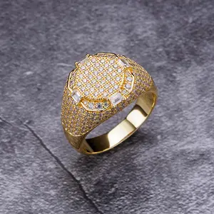 嘻哈冰镇氧化锆长棍面包实验室种植钻石戒指镀金925纯银辉石戒指14k镀金戒指