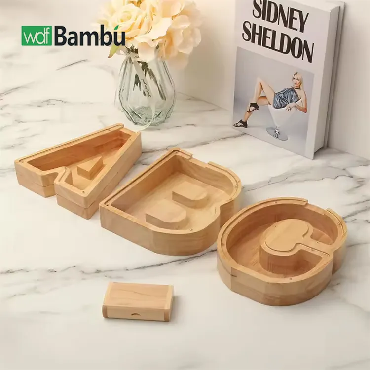 Hucha de bambú personalizada con 26 letras, alcancía con letras de madera, venta al por mayor