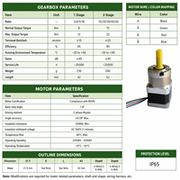 Moteur pas à pas DKC Nema 17 avec boîte de vitesses planétaire, série 42, 1,8 degré, hybride 2 phases, CC 24V, couple 0,55 N.m, rapport de réduction 3:1/4:1