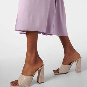 Carré bout ouvert femmes clair strass hauts talons épais Denim tissu sandales bureau dame sans lacet <span class=keywords><strong>jean</strong></span> Mules - Product Image 3