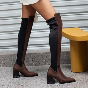 Big Size 48 Low Chunky Heels Women Stretch Long Boots Patchwork Suede Square Toe Wide Leg Over Knee Booties on <b>Shoes</b> - Product Image 6