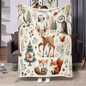 Cute Forest Animal Print Plush Flannel Fleece Throw <b>Blanket</b> Rectangular Pastoral Style Eco-Friendly Home Decor Autumn Season - Product Image 1