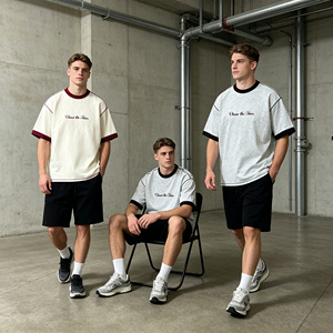T-<span class=keywords><strong>shirt</strong></span> Homme Unisexe en Coton Lourd à Coutures Contrastantes Épaules Tombantes d'Été Col Rond Style Ringer - Product Image 4