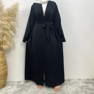 Türkei schwarz Dubai Abaya islamische Kleidung Leinen offen Abaya Großhandel Stoff Frauen muslimische Kleidung traditionelle muslimische Kleidung