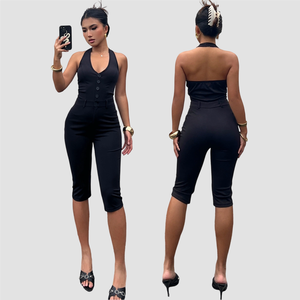 Fashion Halter Blazer Jumpsuit V Neck Button Down Sexy Street Style Casual Slim Fit Bodycon Mid Length Pants for Woman - Product Image 1