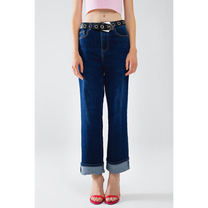 Jean droit en denim bleu foncé avec ourlet replié - Product Image 3