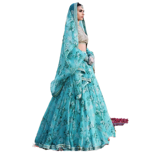 Lehenga choli เครื่องประดับเจ้าสาวพิมพ์ลายดอกไม้สีฟ้า - Product Image 1
