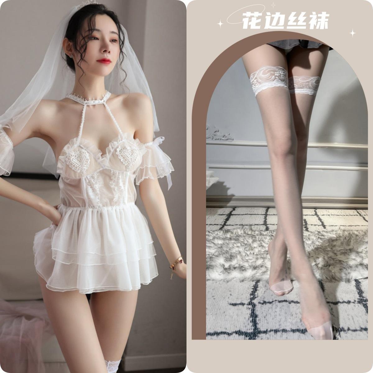 ชุดแต่งงานสีขาว + ผ้าคลุมหน้า + ถุงน่องสีขาว