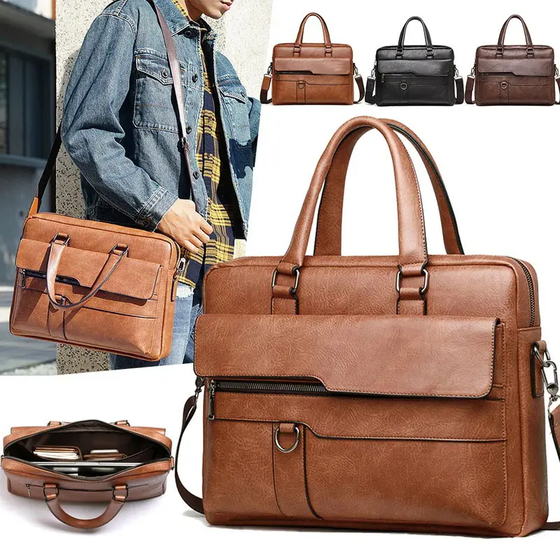 Brown Briefcase Messenger Real Pure PU Genuine Leather Laptop Bag