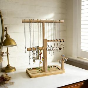 Wooden Jewelry Storage Rack With Hanging Rods And Compartments For Necklaces Earrings Bracelets Rings Desktop Organizer - Product Image 1