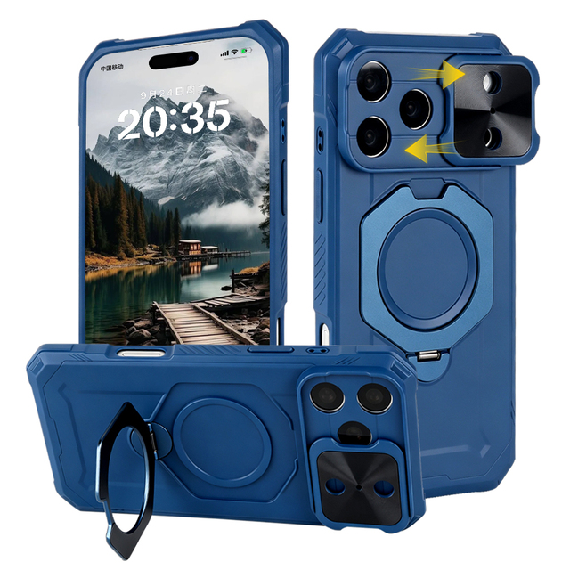 Shockproof Magnetic Phone Case with Sliding Camera Cover Ring Stand Wireless Charging Compatible for Phone 17 18 Pro Max