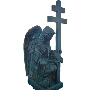 Religious statues bronze winged kneeling angel statue with cross statue for outdoor decoration