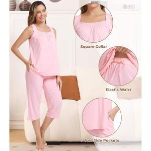Conjunto de Pijama Personalizado para Mujer, Camiseta sin Mangas, Pantalones Capri, Tela de Viscosa de Bambú, Ropa de Dormir Transpirable, Estilo Casual - Product Image 4
