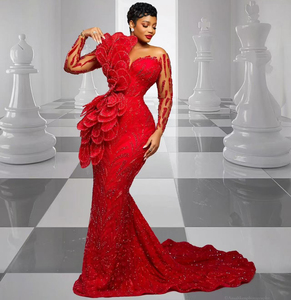 Vestido de Fiesta Rojo Personalizado Aso Ebi, <span class=keywords><strong>Vestidos</strong></span> de Graduación 2026 de Manga Larga para Mujeres Negras, <span class=keywords><strong>Vestidos</strong></span> de Noche de Talla Grande para Bodas - Product Image 1