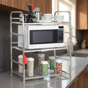 Étagère de rangement en métal à 3 niveaux avec crochets, organisateur de cuisine sur pied en fil métallique, 60x37x74cm, argent - Product Image 5