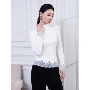 Nuevo Blusa de Encaje con Cuello Medio, Decoración Floral Hecha a Mano, Manga Larga, Corte Entallado, Diseño Estilizador para Mujer, en Existencia - Product Image 1