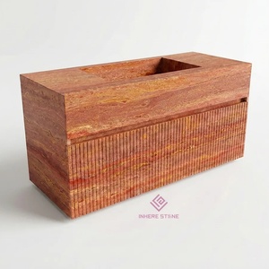 Custom Size Commercial Red Travertine Bathroom <strong>Vanity</strong> Sink Durable Stone <strong>Vanity</strong> <strong>Unit</strong> for Hotel Resort Projects - Product Image 3