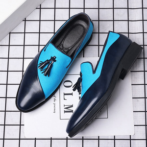 Mocassins habillés pour hommes en cuir PU, à enfiler, bout rond, toutes saisons, chaussures formelles, bleu, noir, semelle extérieure en caoutchouc, design à pompons - Product Image 1