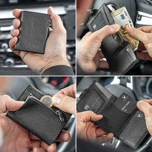 Dompet Kulit Lipat Tiga Kustom Penghalang RFID Pemegang Kartu Pria Bisnis Serat Karbon Dompet untuk Kartu Pasokan Pabrik