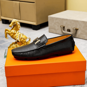 Mocasines de cuero a cuadros negros con hebilla metálica, zapatos casuales sin cordones para conducir para hombre, hermessing - Product Image 5