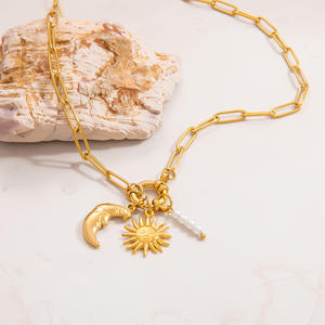 Golden Sun Moon Pearl Charm Necklace <b>Titanium</b> Steel 18K Gold Plated Clavicle <b>Chain</b> Women's Fashion Jewelry Autumn Winter Style - Product Image 3