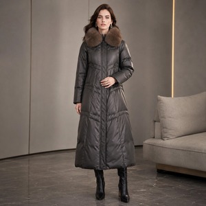 Neuer Winter-Daunenmantel aus Leder mit Natürlichem Fuchspelzkragen, Langer Damen-Steppmantel mit Geraffter Taille zur Figurformung für den Alltag - Product Image 1