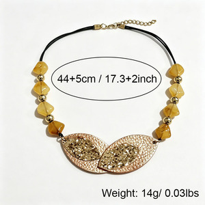 Wholesale Bohemian Leather Cord Necklace Two Tone Textured Gold Leaf Pendant Yellow Amber Beads Women Daily Vacation Necklace - Product Image 2