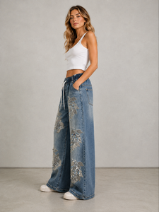 Stylish Washed Straight Denim Trousers with Silver Thread and Sequin Floral Applique, <strong>Drawstring</strong> <strong>Jeans</strong> for Hot Girl Fashion - Product Image 2